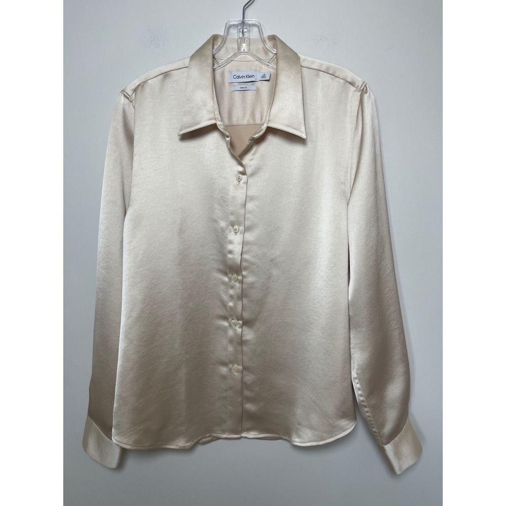 Calvin Klein Champagne Satin Button Down Blouse Shirt Women's L Preppy Cocktail